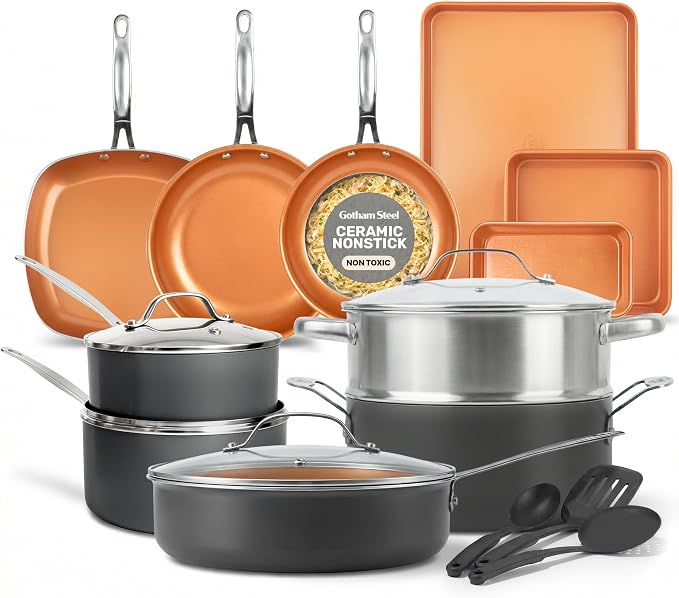 GOTHAM STEEL 20 Pc Ceramic Cookware Set, Copper Pots and Pans Set Non Stick by GothamSteel