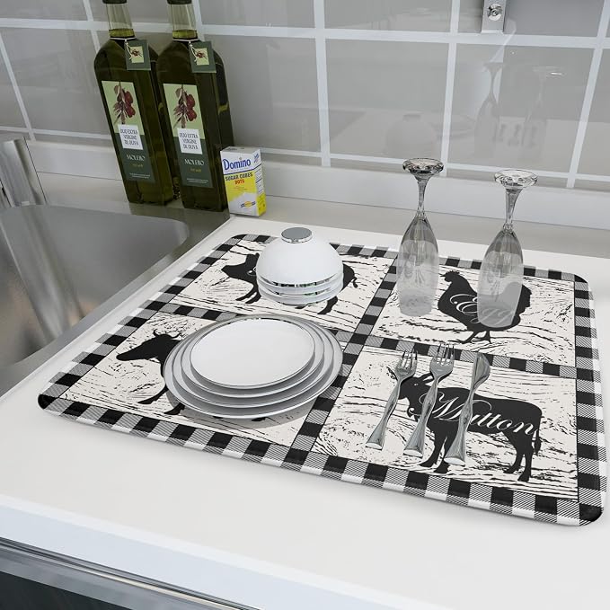 Farmhouse Animal Dish Drying Mat Buffalo Plaid Drainer Rack Mats Fast Dry - Image 6