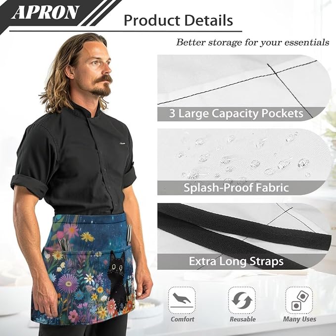 Server Apron with 3 Pockets, Waterproof Oil Waitress Waiter Half Apron - Image 6
