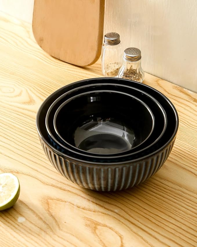 HASENSE Mixing Bowls of 3, Porcelain Ribbed Bowls 1.5/1/0.5 Qt - Image 5