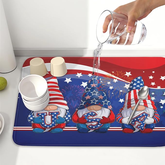 Kawani 4th of July Dish Drying Mat 18x24 Inch Spring Summer Patrioti Gnome - Image 6