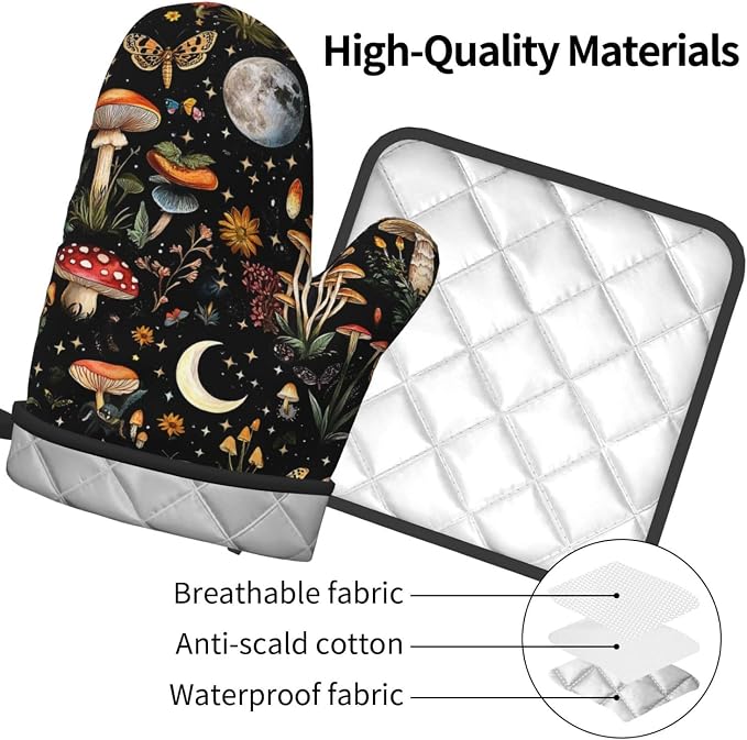 Cute Mushroom Oven Mitts and Pot Holders Sets of 3, Heat Resistant Black Hot - Image 9