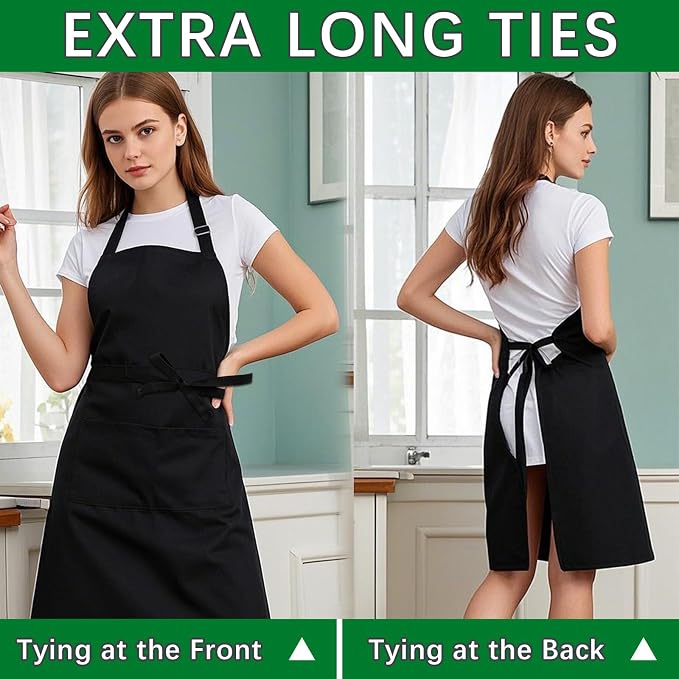 Bib Apron - Unisex Black Aprons 2 Pockets Cooking Kitchen Apron - Image 3
