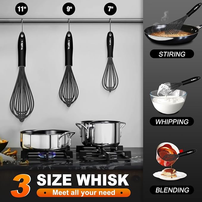 Walfos Silicone Whisk, Stainless Steel Wire Whisk Set of 3 -Heat Resistant - Image 5