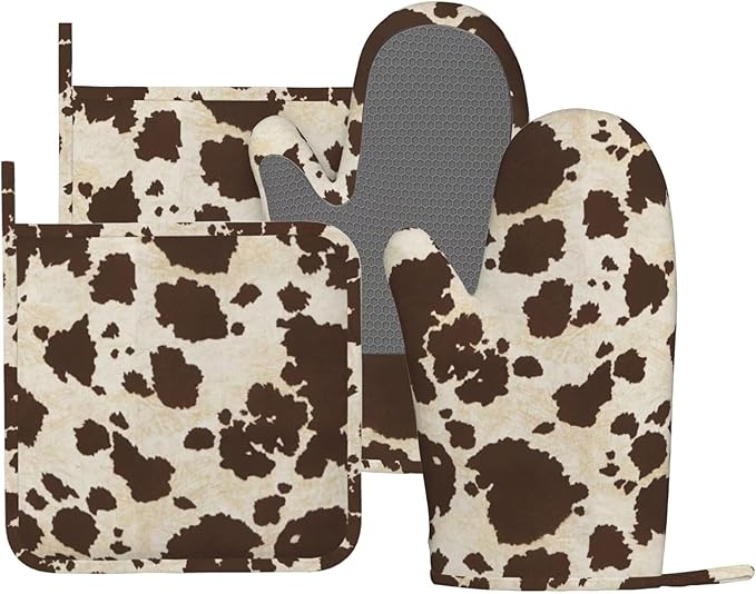 Brown Cowhide Oven Mitts and Pot Holders Sets Silicone Brown Cow Print Kitchen by MIFSOIAVV