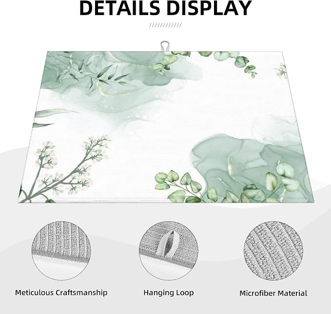 Watercolor Green Leaf Floral Dish Drying Mat - Image 4