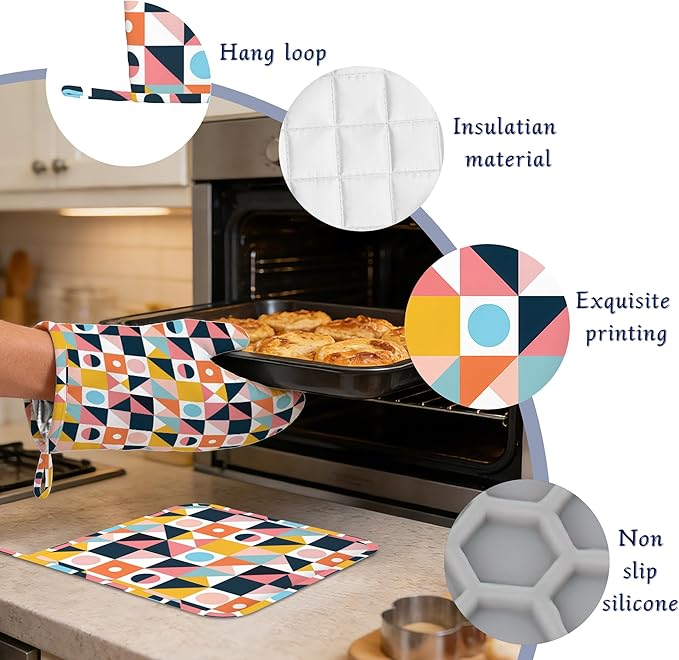 Oven Mitts and Pot Holders Sets Abstract Geometric Silicone Kitchen Mits - Image 4