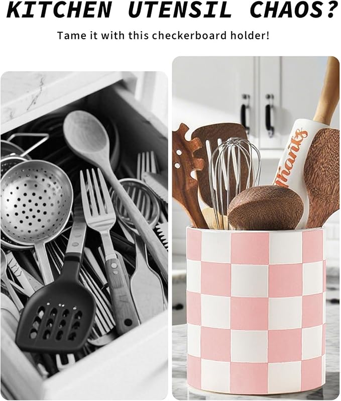 Utensil Holder，7.2 Inch Checkered Utensil Holder, Ceramic Cooking Utensil - Image 2