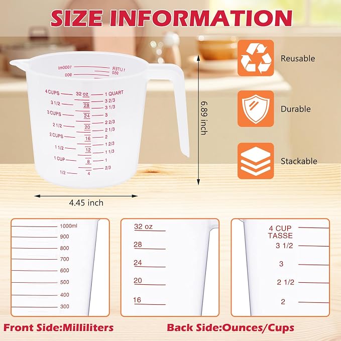 16 Pcs 4 Cup Capacity Plastic Measuring Cup, 32 Oz/1000 ml Clear Graduated - Image 2