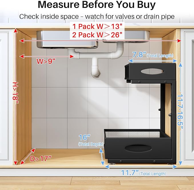 Under Sink Organizer, 2 Pack 2 Tier Pull Out Under Cabinet Organizer Shelf - Image 2