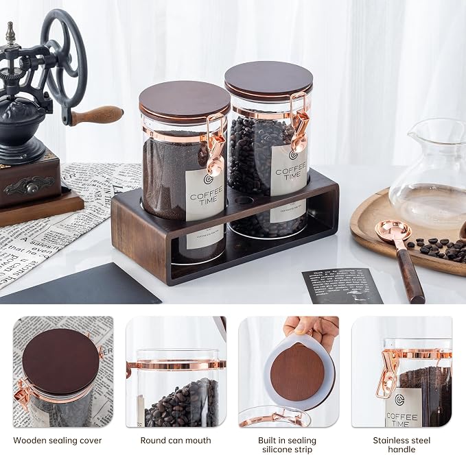 Glass Coffee Canister Set with Wooden Shelf, 2 Pack 45oz Airtight Food Storage - Image 4