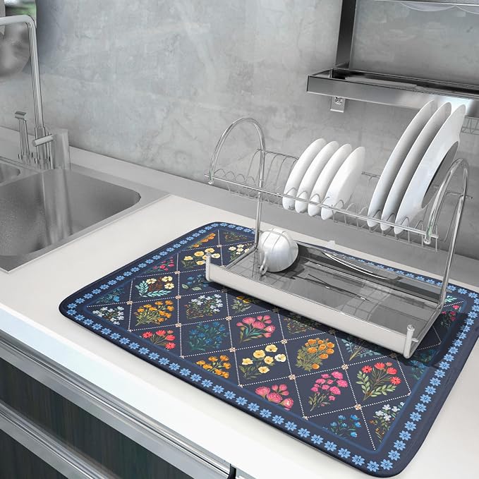 Lapis Blue Dish Drying Mat for Kitchen Counter Flowers Microfiber Absorbent - Image 5