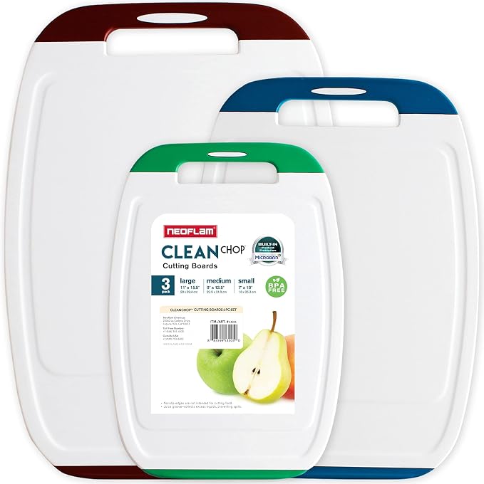 Neoflam Microban Antimicrobial Plastic Cutting Board 3 Sets, BPA Free, Non-Slip by Neoflam