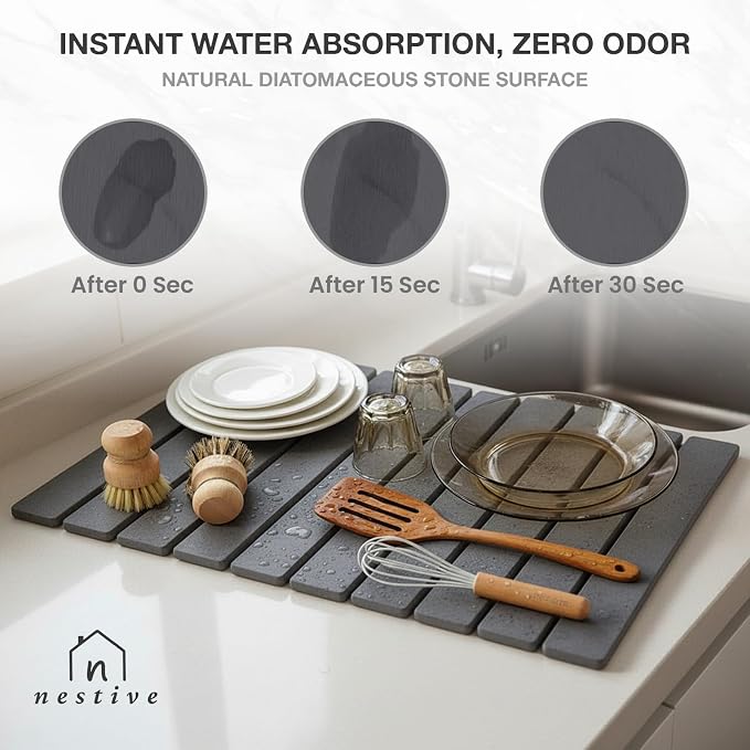 Large Stone Drying Mat for Kitchen Counter | 24"x16" | Fast Drying Collapsible - Image 4