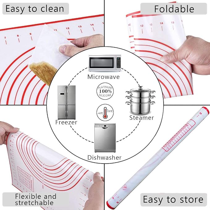 Rolling Pin and Silicone Baking Pastry Mat Set, Stainless Steel Dough Roller - Image 5