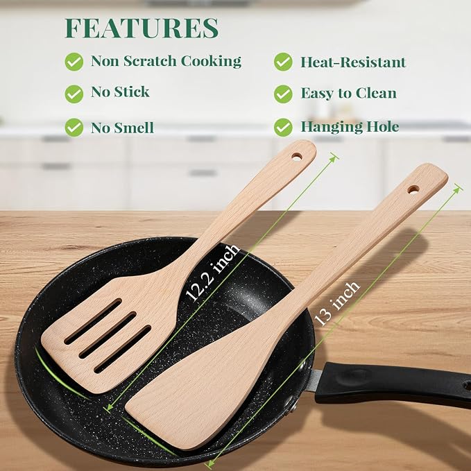 3Pcs Wooden Spatulas, 12inch Long Handle Slotted Turner Spatula Set, Uncoated - Image 6