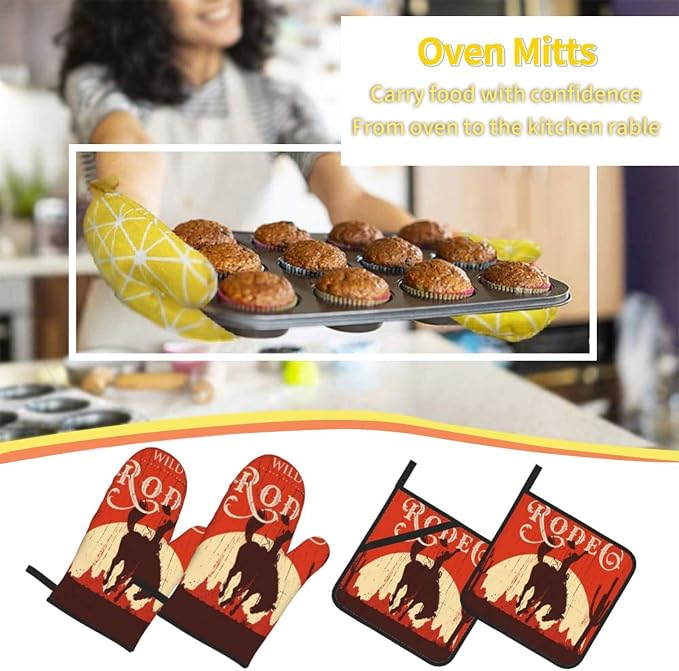 Oven Mitts and Pot Holders Sets of 4, Cowboy Horse Sunset Saguaro Desert Wild - Image 7