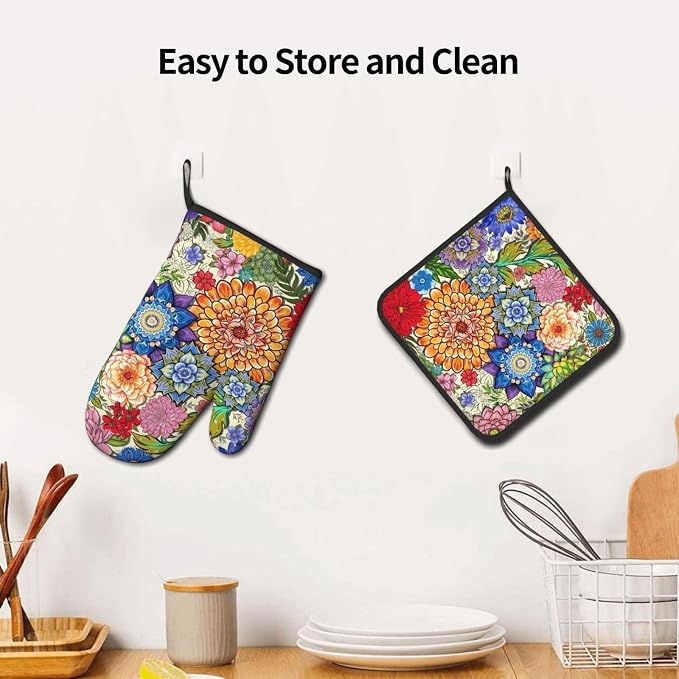 Boho Floral Oven Mitts and Pot Holders Sets of 3, Colorful Flowers Heat - Image 5