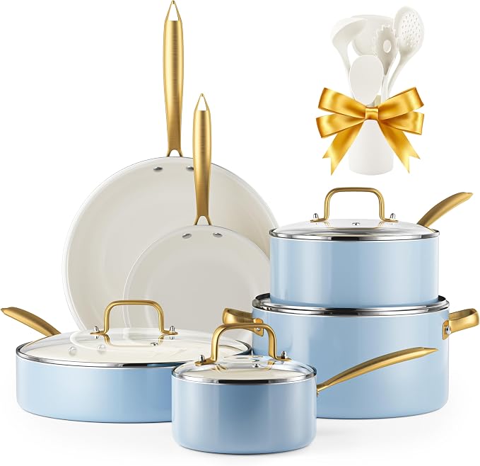 Ceramic Cookware Set, VONIKI 16 Pcs Pots and Pans Set Non Stick, Kitchen by VONIKI