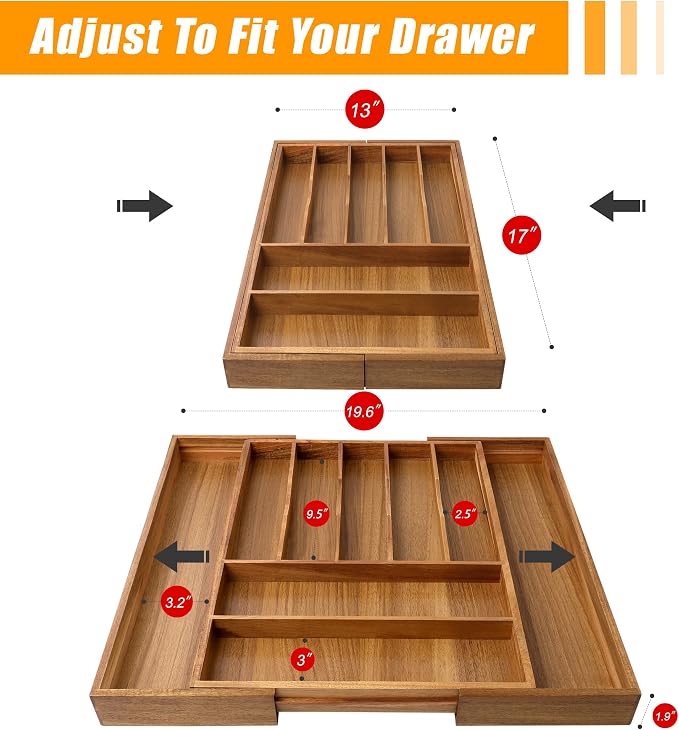 Bellsal Large Premium Acacia Wood Silverware Organizer - Image 2