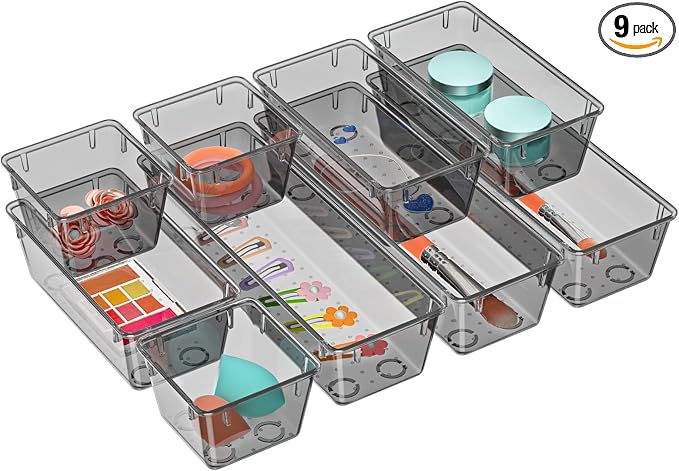 WOWBOX 9 Pack Clear Drawer Organizer Set, Acrylic Drawer Storage Trays by WOWBOX