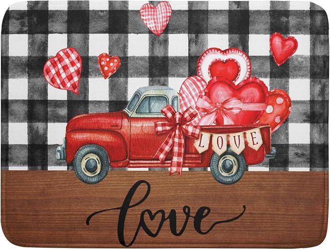 Valentine's Day Red Heart Truck Dish Drying Mat by Anyako