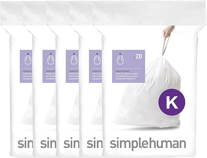 simplehuman Code K 100 Count Custom Fit Liners, Drawstring Kitchen Trash Bags by Simplehuman