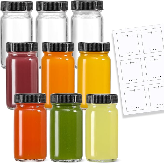 9 Pack, 2 oz Glass Shot Bottles w/ Black Lids & 9 Labels - Image 8