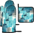 LOKMU Oven Mitts and Pot Holders Set of 3, Teal and Grey White Abstract Art by LOKMU