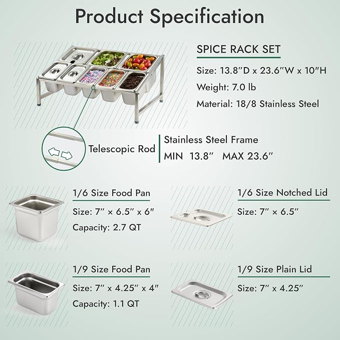 CURTA Expandable 18/8 Stainless Steel Spice Rack Set, NSF Certified, 2-Tier - Image 5