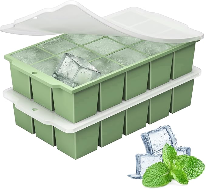 Silicone Ice Cube Tray with Locks Lids, Easy Release Flexible 15 Square Ice by MEIJO