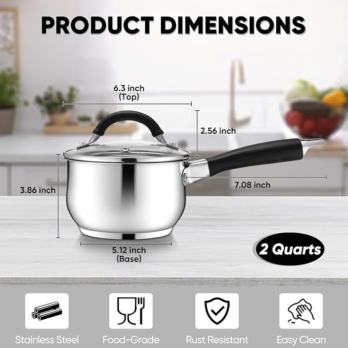 E-far 2 Quart Saucepan with Lid, Tri-Ply Base Stainless Steel Small Sauce Pan - Image 2