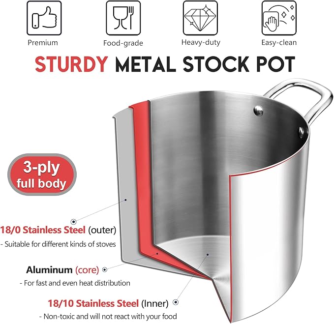 P&P CHEF 12 Quart Tri-Ply Stainless Steel Stockpot, Stock Pot - Image 4