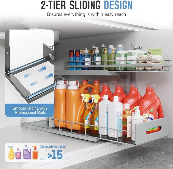 Under Sink Organizer Upgrade To Professional Rails, 2-Tier Dual Pull Out - Image 5