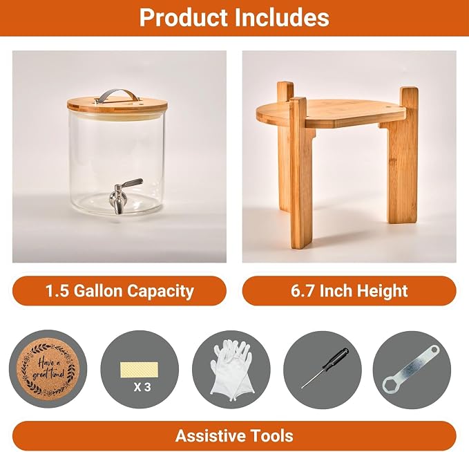Glass Beverage Dispenser with Bamboo Stand 6.7 In and Lid, Iced 1.5 Gallon - Image 7