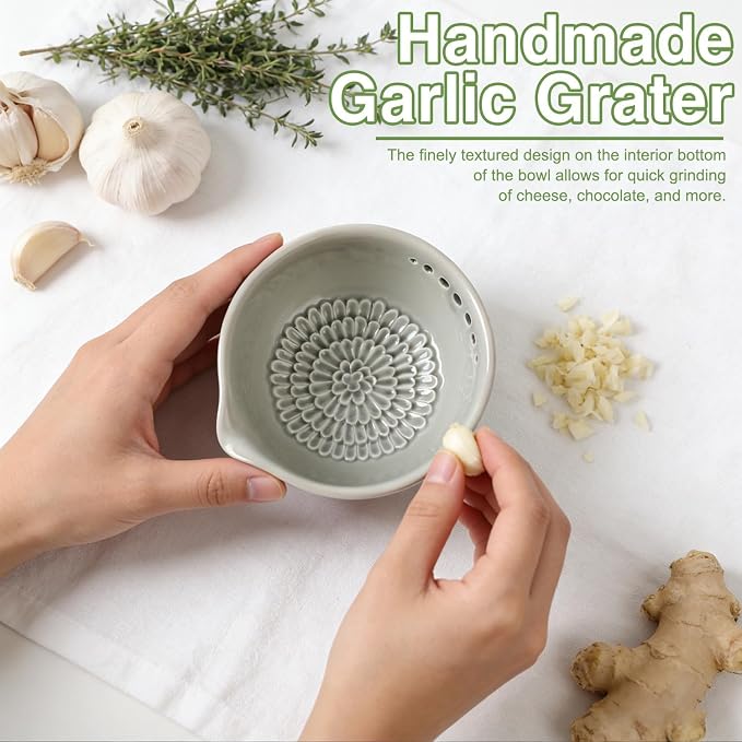 Ceramic Grater Bowl with Herb Stripper, 3 in 1 Handmade Ginger Grater Bowl - Image 4