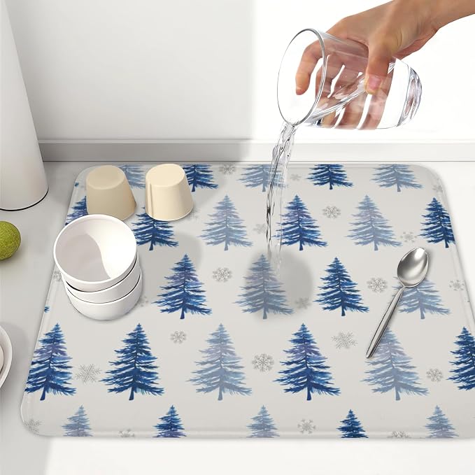Winter Dish Drying Mat 16 x 18 Inch Blue Tree Dish Drying Pad Absorbent - Image 6