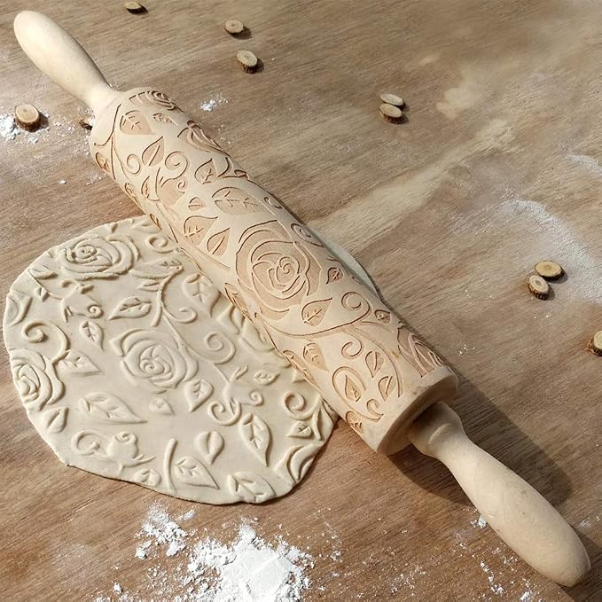 Wooden Rolling Pin, Rose Flower Embossed Engraved Carved Rolling Pin, by Unknown