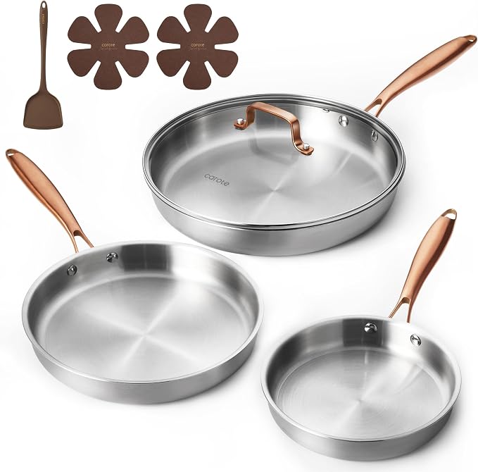 CAROTE 7-Piece Tri-Ply Stainless Steel Frying Pan Set, Skillet Set 8"/10"/12" by CAROTE