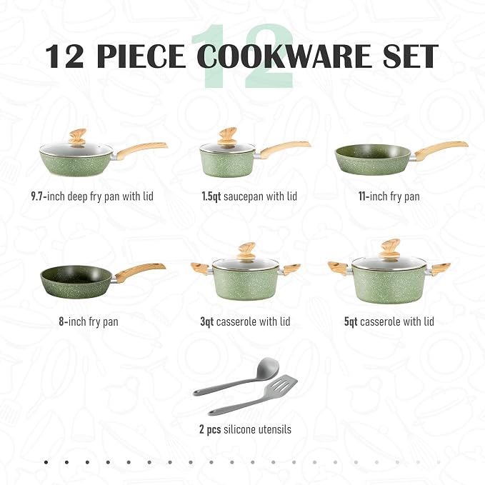 MAISON ARTS Pots and Pans Set Non Stick, 12 Piece Green Granite Kitchen - Image 6