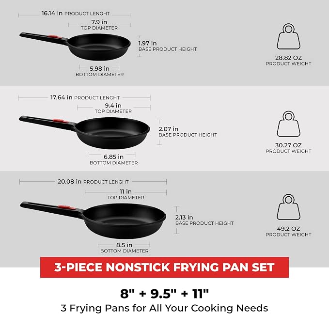 BRA COOKWARE Infinity 3-Piece Nonstick Frying Pan Set | 8, 9.5 & 11 Inch Cast - Image 2