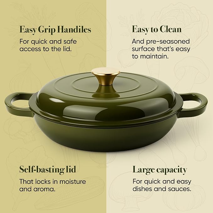 Vintage Style 3 Quart Enameled Cast Iron Braiser, Non Stick Enameled Cast Iron - Image 7
