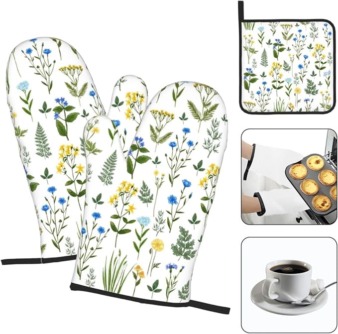Blue Yellow Green Floral Oven Mitts & Pot Holders Sets of 3, Heat Resistant Sky - Image 4