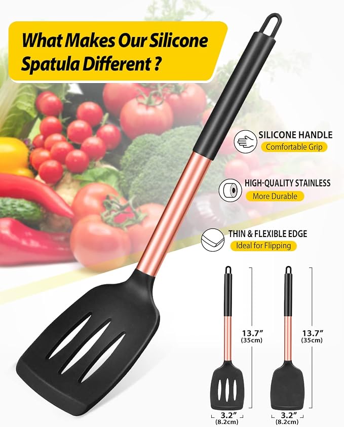 Pack of 2 Silicone Solid Turner, Non Stick Slotted Kitchen Spatulas, High Heat - Image 2