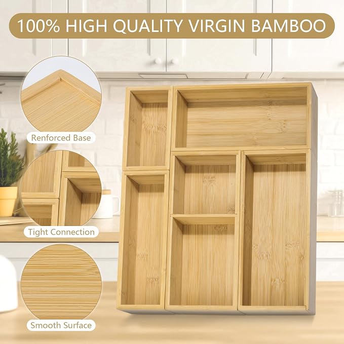 5 Pack Bamboo Drawer Organizer Set - Image 3