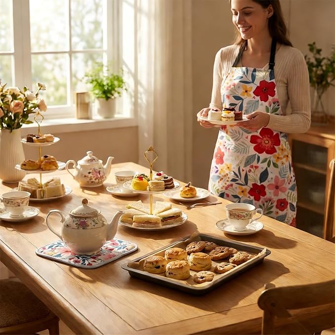 Floral Apron and Oven Mitt Set 5 Piece, Pioneer Woman Style Kitchen Aprons - Image 7