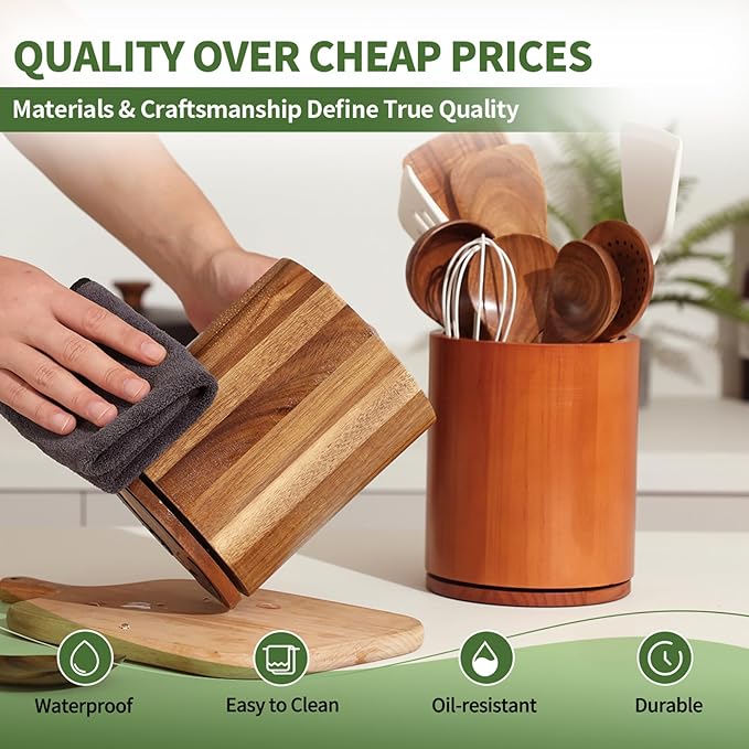 Wooden Utensil Holder, 360°Rotating 7.3'' Large Utensil Holder - Image 4