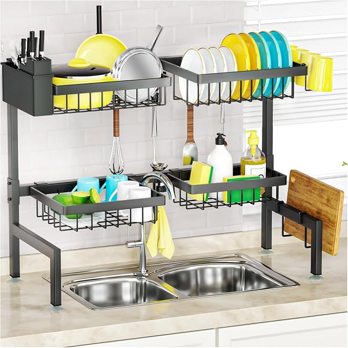 SNSLXH 4 Baskets 2-Tier Over The Sink Dish Drying Rack, 26.57"-35", Large Sink by SNSLXH