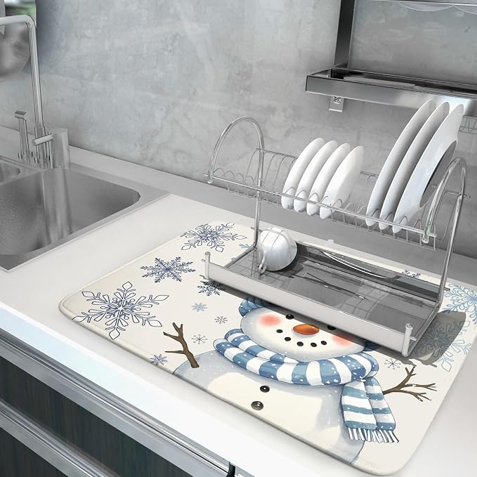 Winter Snowman Dish Drying Mat for Kitchen Counter 18x24 Blue Snowflake Bird - Image 5