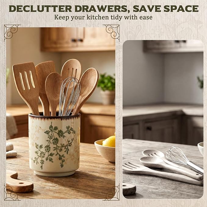 Kitchen Ceramic Utensil Holder Rustic 5.5" Green Floral Utensil Crock - Image 4
